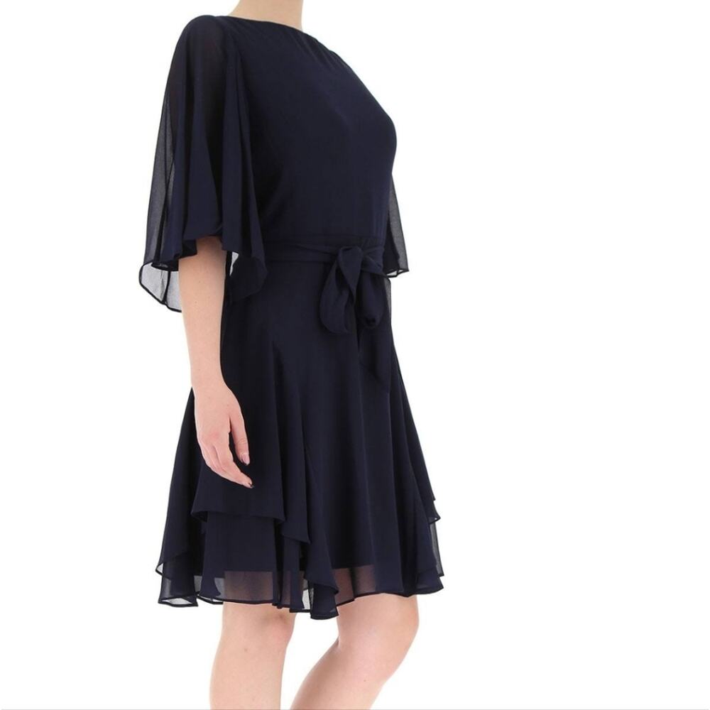 Lauren Ralph Lauren NWT Deep Navy Blue Flutter Sleeve Belted Crepe Mini Dress 2 - Picture 3 of 15